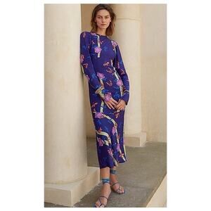 NWT Silvia Astore Jade Blue Floral Silk Midi Dress Size 42 | Medium Long Sleeve